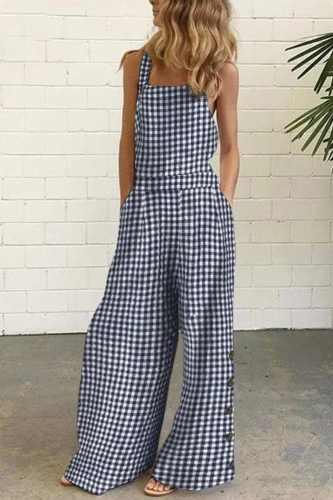 Plaid Print Summer Solid Casual Loose Button Jumpsuits