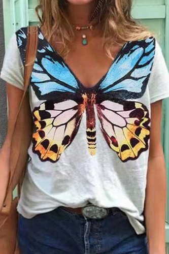 Vintage Butterfly Print Harajuku Shirt Tops Women 2021 Spring v-Neck Blouse Summer Casual Short Sleeve Loose Blusa Pullover