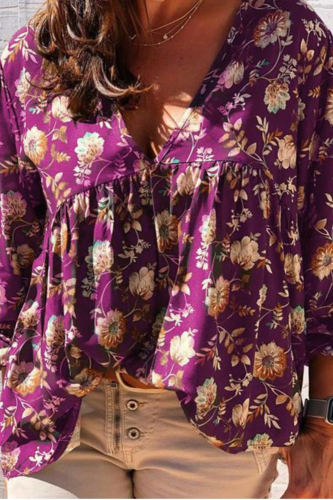 Women Elegant V-Neck Floral Print Blouse Shirts Autumn Vintage Long Sleeve Pullovers Tops Ladies Plus Size Pleated Blouses