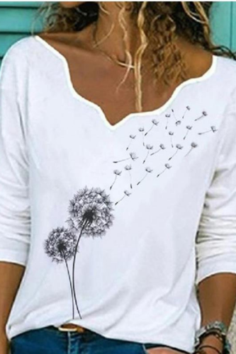 Elegant V Neck Long Sleeve T-Shirt Woman Dandelion Print Casual Shirts Fashion New Style Streetwear Women Tops Pullover
