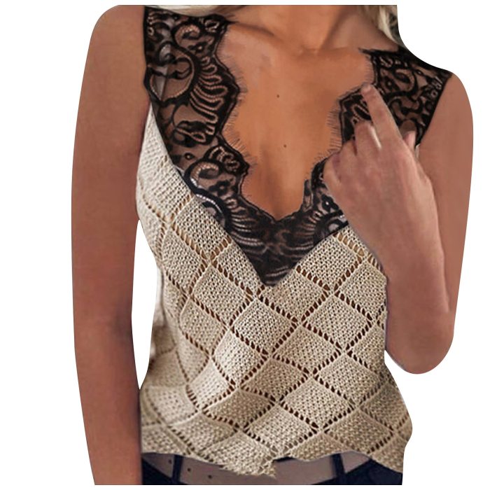 40# Women's Sexy Tanks Lace Knitting Wool deep V-neck Casual Tanks Top spliced hollow Out Camis Women's tops топик женский топ