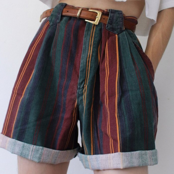 Women Striped Plaid Print Curly Elegant Sweet Shorts(no belt)