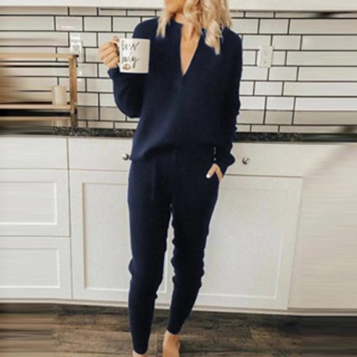 Women Fashion V-neck Solid Homewear Suits 2021 Spring Long Sleeve Tops Pullover and Pocket Set Autumn Two Piece Sets For Pajamas