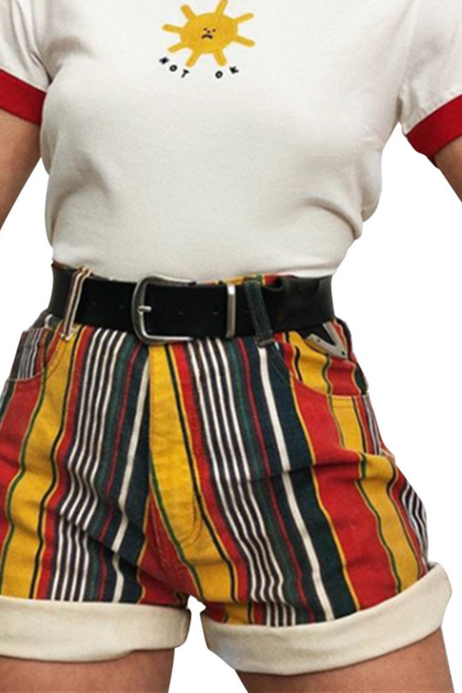 Women Striped Plaid Print Curly Elegant Sweet Shorts(no belt)
