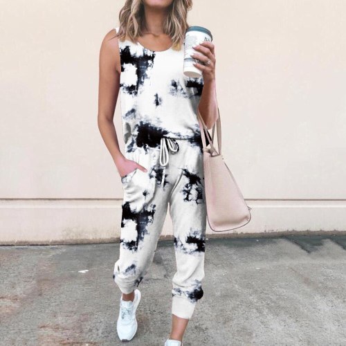 Tie-Dye Deep V Neck Sleeveless Crop Top And Leggings 2 Pieces Set Sexy Tight Club Party Lady Fashion Tracksuits