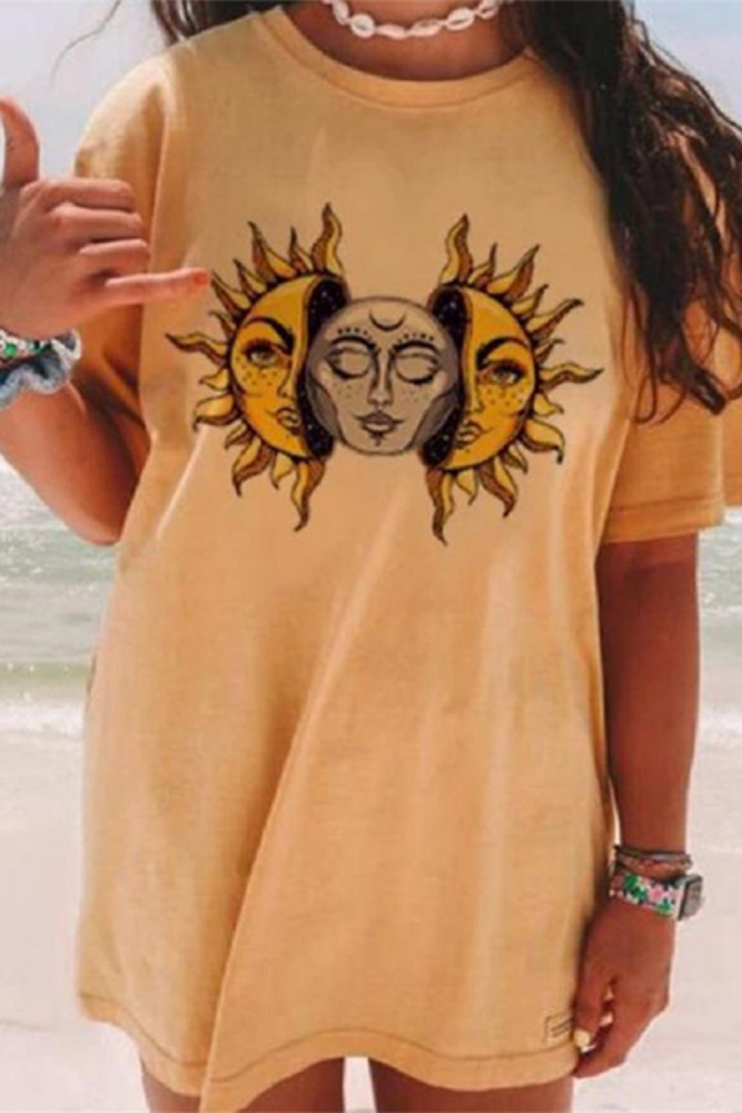 Yellow Sun Face Print Graphic T Shirts Women Oversized Tees Streetwear Loose Short Sleeve Tshirts Casual Fashion Clothes Summer