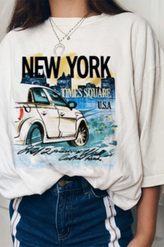 White Letter Car Print Graphic Tee Women Oversized Loose Casual Streetwear O Neck Short Sleeve Fashion Tops Summer England Style