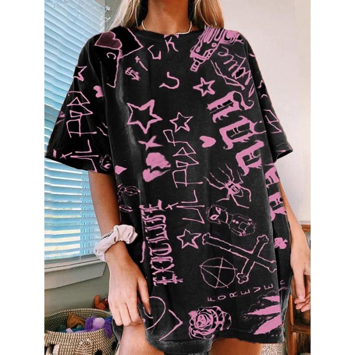Vintage Black Print Graphic T Shirt Women Vintage Casual Streetwear Oversized Crop Top Loose Short Sleeve Summer Fashion Clothes