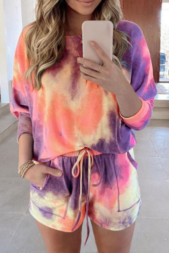 Tie Dye Short Set Print Women Clothing Set Two Piece Long Sleeve Blouses Shorts Ladies Outfit Casual Female Clothing Set