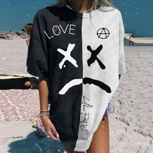 Vintage Black White Stitching Letter Print Graphic Tee Women O Neck Short Sleeve Fashion Tops Oversized Loose Streetwear Summer