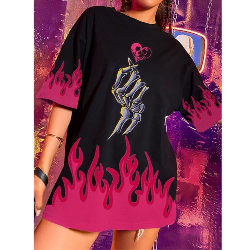 Black Red Flame Print Graphic T Shirts for Women Oversized Harajuku Loose Short Sleeve Casual Streetwear Fashion Top 2021 Summer