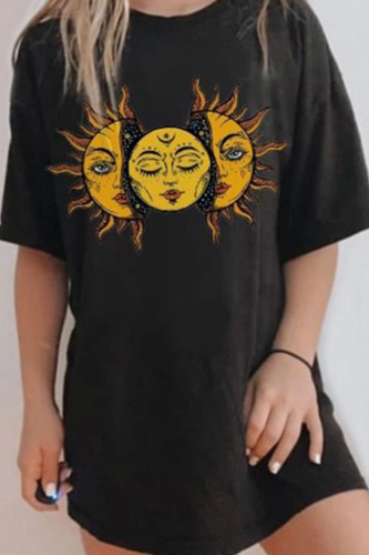 Vintage Casual Streetwear Sun Face Print Graphic T Shirts Women Oversized Loose Short Sleeve 2021 Summer Fashion Top Plus Size