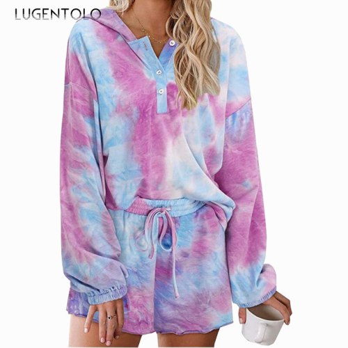 Lugentolo Women Sleep Pajama Sets Hooded Tie-Dye New Comfortable Breathable Long Sleeve Casual Tops Shorts Female Loose Sets