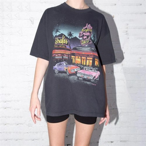 Balck Car Print Graphic Tee Women Oversized Loose Casual T Shirt Vintage Harajuku O Neck Short Sleeve Fashion Tops 2021 Summer