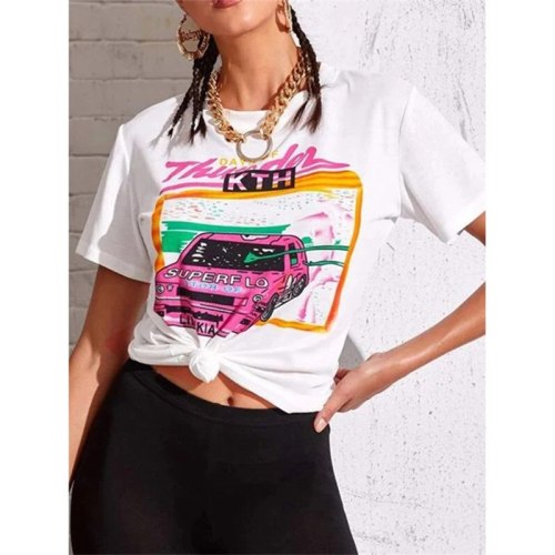 White Car Print Graphic Tee Women O Neck Short Sleeve Oversized Loose Casual T Shirt New Fashion Tops 2021 Summer England Style