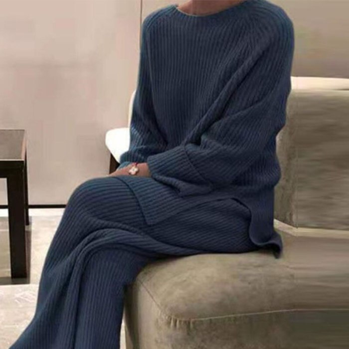 Autumn Winter Solid Lady Home Suit Fashion Soft Women Two Piece Set Casual O-Neck Pullover Tops + Knitted Pants Homewear Pajama