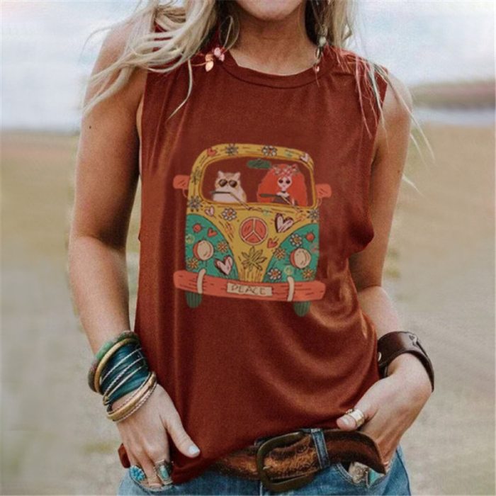 2021 New Women S-5XL Sleeveless Cartoon Printed Vintage Tshirts O-Neck Cute Loose Tee Tops Female Summer Casual T Shirts Clothes