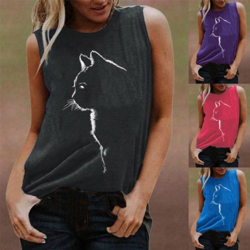 Summer Fashion Round Neck Cat Head Print Vest Women's Clothing