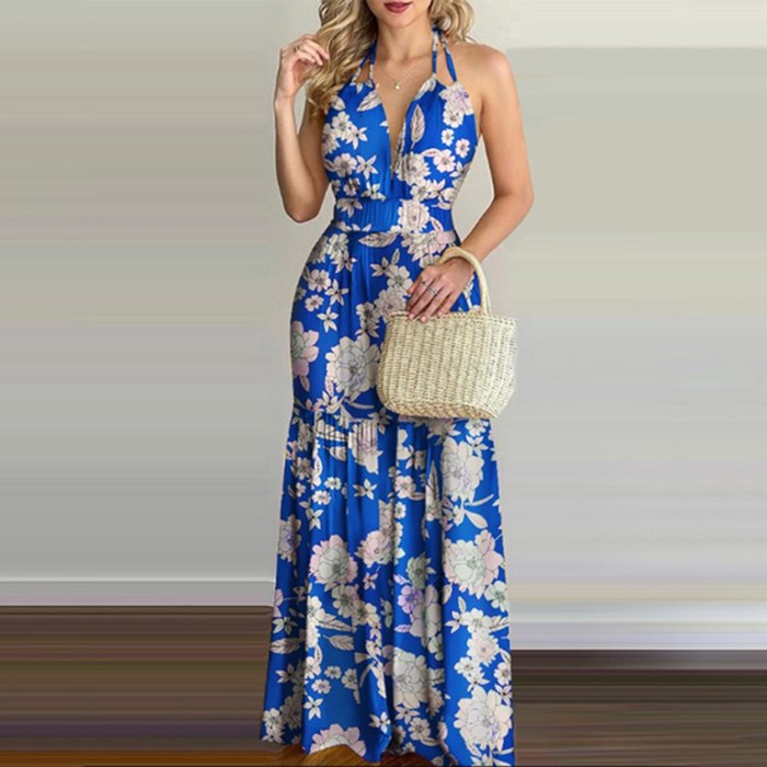 Women Backless Maxi Dress Tropical Print Halter Long Dress Sexy Sleeveless Ruffle Dress Beach Summer Dress Vestido De Mujer