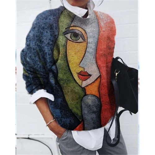 Vintage Loose Abstract Face Print Oversized Crewneck Sweatshirt Women Casual Long Sleeve Thin Tops Spring Autumn 2021 Plus Size
