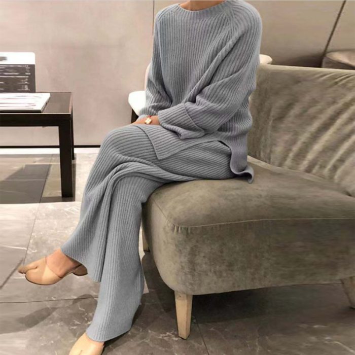 Autumn Winter Solid Lady Home Suit Fashion Soft Women Two Piece Set Casual O-Neck Pullover Tops + Knitted Pants Homewear Pajama