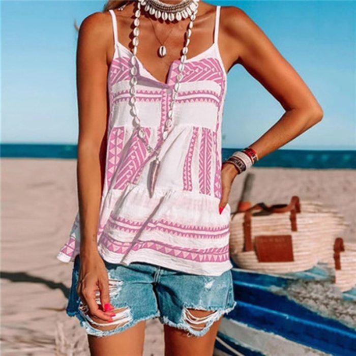 Plus Size Women Summer Casual beach vest Sexy V-neck Spaghetti Strap Backless Top Ladies Chiffon Loose striped Printed Vest Tops