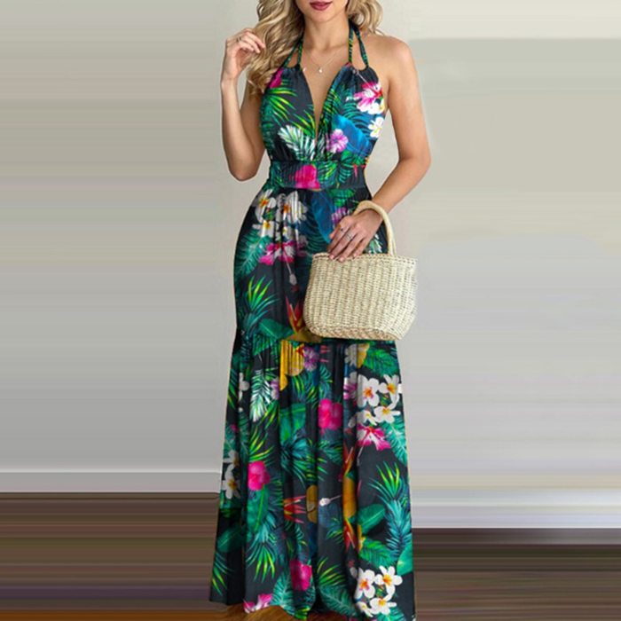 Women Backless Maxi Dress Tropical Print Halter Long Dress Sexy Sleeveless Ruffle Dress Beach Summer Dress Vestido De Mujer