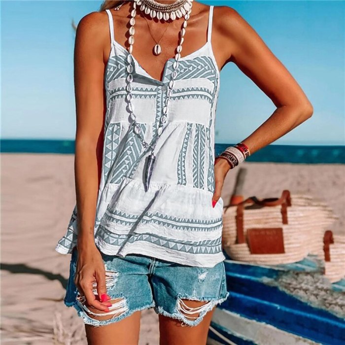 Plus Size Women Summer Casual beach vest Sexy V-neck Spaghetti Strap Backless Top Ladies Chiffon Loose striped Printed Vest Tops