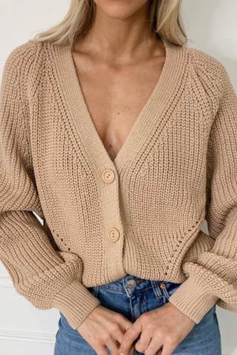 Women Deep V Neck Long Puff Sleeve Buttons Sweater Loose Jumper Pullover Loose Soft Warm Pull Femme Knitwear Coat New