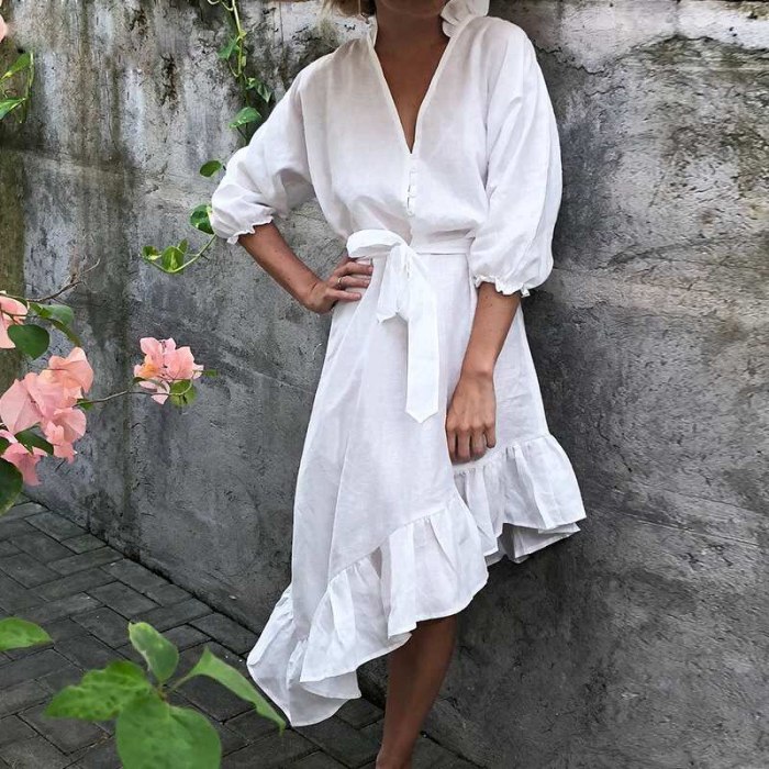 2021 Summer White Vintage Cotton Dress V Neck Buttons Slim Waist Elegant Half Sleeve Irregular Ruffles Pleating Midi Dress
