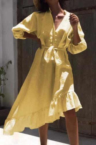 2021 Summer White Vintage Cotton Dress V Neck Buttons Slim Waist Elegant Half Sleeve Irregular Ruffles Pleating Midi Dress