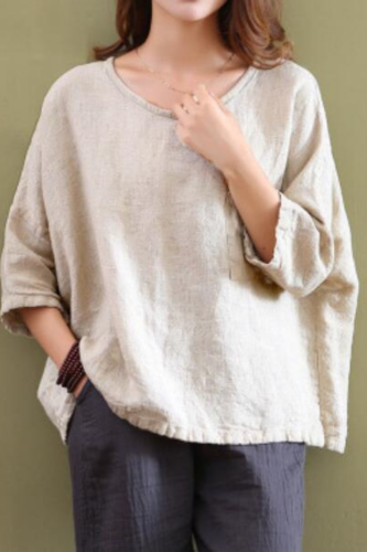 Women's casual cotton loose round neck seven-point sleeve solid color T-shirt top