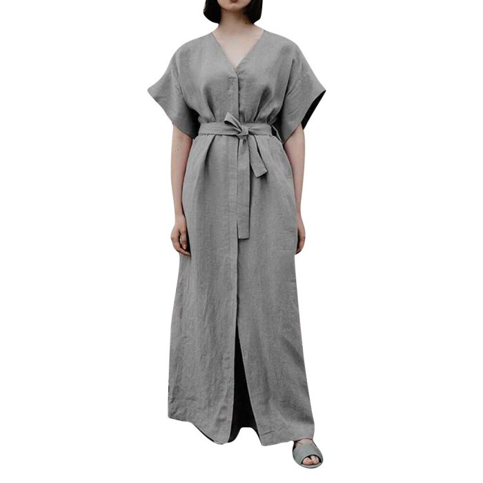 2019 Summer Sexy Women Casual Plus Size Tie Up V Neck Loose Linen Daily Split Long Dress vestidos vestido robe femme party