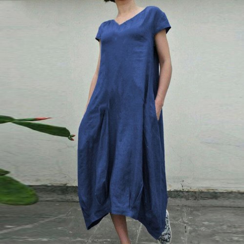 Vintage Solid Color Women summer long dress Short Sleeve V neck cotton and linen Loose Dress Plus Size 5XL