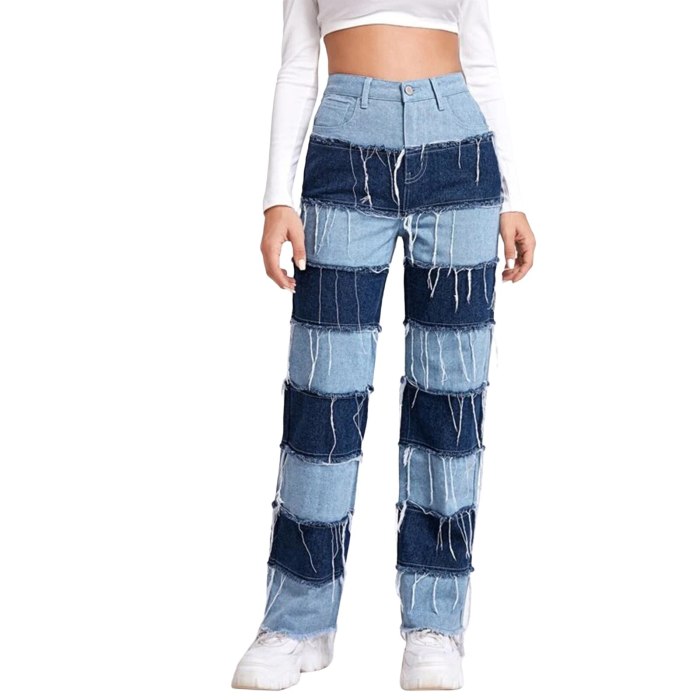 Streetwear Patchwork Tassel Y2K Woman Jeans Straight Casual Contrast Color Long Denim Pants Vintage Autumn Jeans Slim