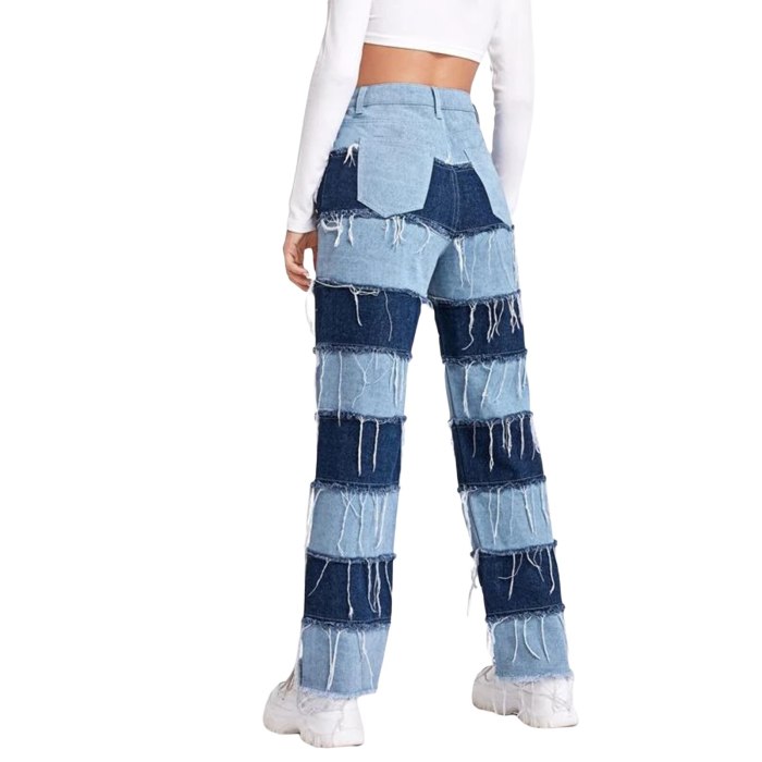 Streetwear Patchwork Tassel Y2K Woman Jeans Straight Casual Contrast Color Long Denim Pants Vintage Autumn Jeans Slim