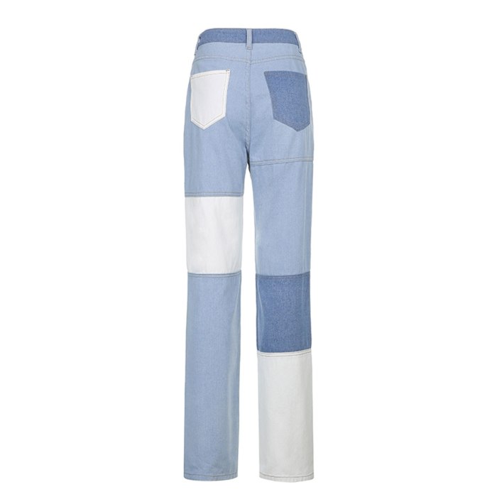 Fashion Women High Waist Jeans Streetwear Colorblock Patchwork Vintage Design Button Fly Straight Denim Pants Slim Jean