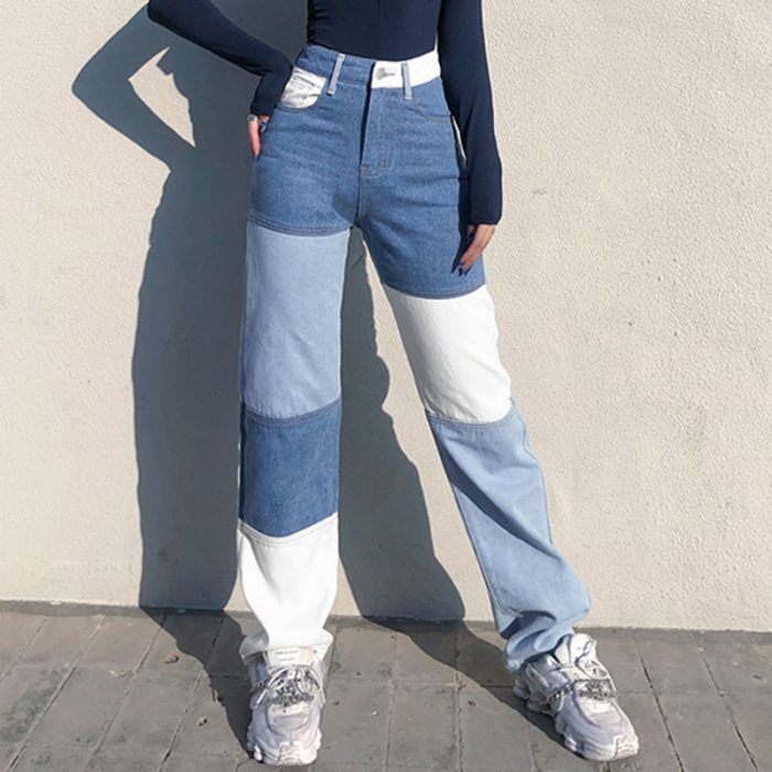 Fashion Women High Waist Jeans Streetwear Colorblock Patchwork Vintage Design Button Fly Straight Denim Pants Slim Jean