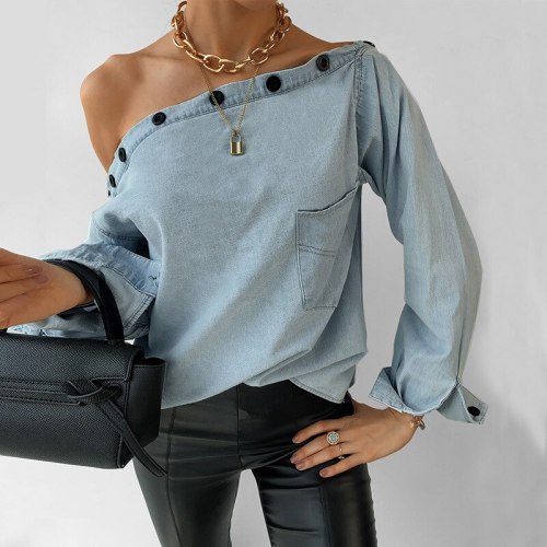 Women Sexy Off Shoulder Long Sleeve Denim Blouses 2021 Spring New Loose Pocket Button Female Casual Blue Streetwear Denim Tops