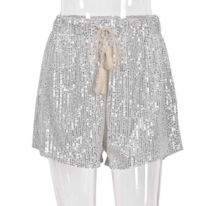 2021 Summer Casual Waist Loose Sequin Belt Shorts Hot Pants Women's Clothing