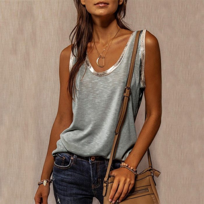2021 Summer Women's Stitching Top Urban Casual Streetwear Contrast Color Collar Wide Loose Vest Sleeveless Pullover T-shirt