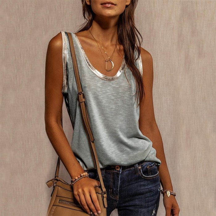 2021 Summer Women's Stitching Top Urban Casual Streetwear Contrast Color Collar Wide Loose Vest Sleeveless Pullover T-shirt