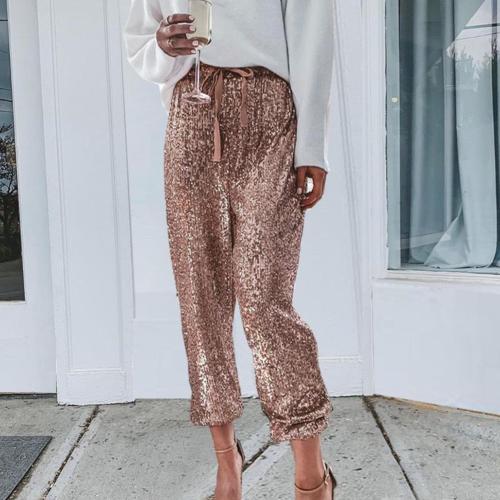 Spring sexy new popular women long pant sequined shiny sexy trousers for women sexy solid slim trouser