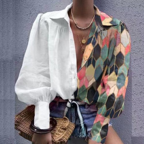 Women Printed Contrast Color Loose Shirts 2021 Spring Summer New Ladies Lantern Sleeve Lapel Buttons Casual Blouse Top Plus Size