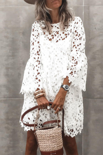 White Dress Lace 2021 Spring Summer Clothes for Women Flared Sleeve Casual Loose Two Pieces Mini Ruffles Dresses Party Vestidos