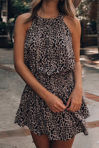 Sleeveless Leopard Print Summer Dress Women Casual Beach Boho Short Sundress Chiffon Feminino Clothing