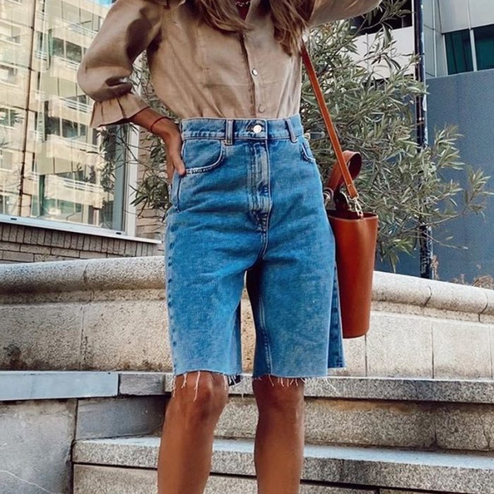 Female Denim Shorts Adult Casual High-Waisted Fringed Jeans Five-Point Pants In Summer and Autumn Blue S / M / L / XL