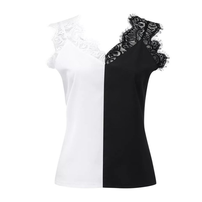 Women White Black Patchwork Lace Vest Tops 2021 Summer Sexy V Neck Backless Sleeveless Female Loose Blouses Tops Ropa De Mujer