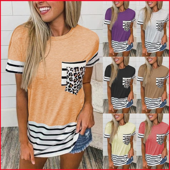 Leopard Print Stripe Patchwork Pocket O-neck Short Sleeve Tunic Tops Women Summer Casaul Loose Plus Size Tshirt Female Tee Shirt