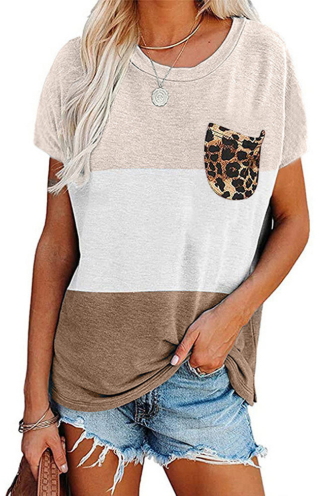 Loose Casual Color Matching Leopard Print Pocket Short-Sleeved T-Shirt Women'S Loose Plus Size Tops 5XL 2021 New